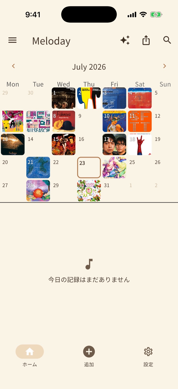 Meloday のホーム画面。2026年7月のカレンダーが、その日に記録した曲のアルバムアートで埋まっている。